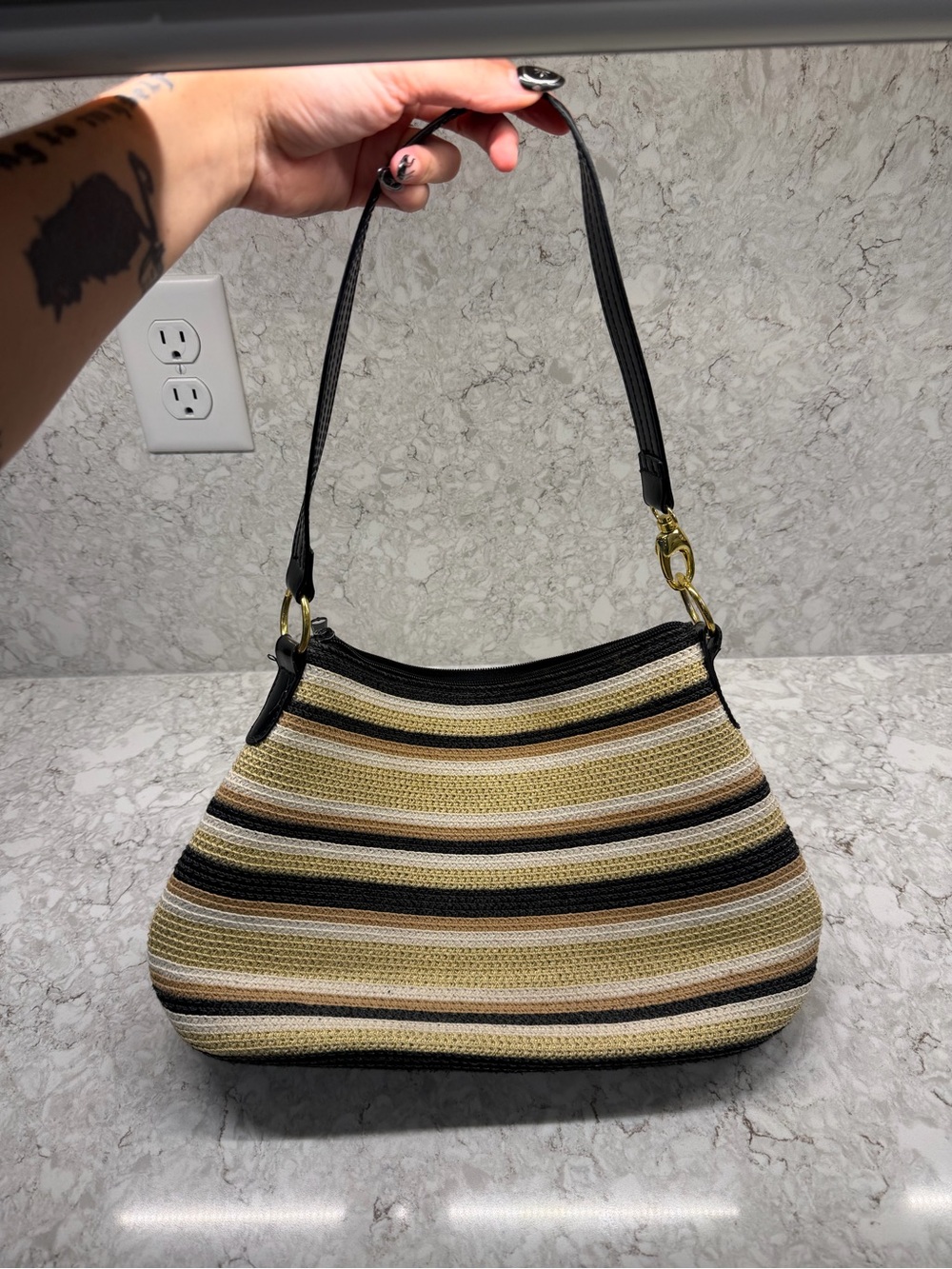 Woven Striped Shoulder Bag in Black, Tan & Cream